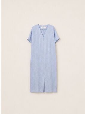 Contemporaine Blue Striped Chambray Linen Midi Dress S